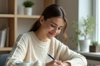 Jeune femme écrivant des prénoms nordiques dans un carnet dans un bureau scandinave minimaliste