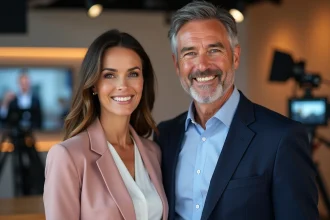 Deux présentateurs de télévision souriants côte à côte dans un studio moderne, illustrant une complicité professionnelle à l'écran