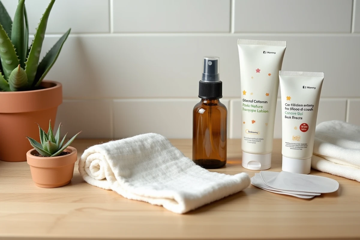 Sélection de produits répulsifs moustiques naturels et sans danger pour bébé présentés en flat lay sur bois clair