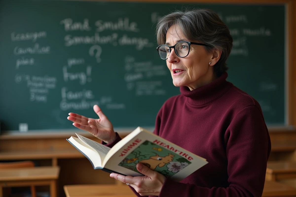 Professeure de littérature tenant un livre de conte et expliquant la morale du Petit Poucet dans une salle universitaire avec tableau noir