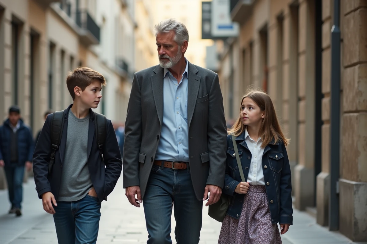Enfants et adulte marchant dans la ville