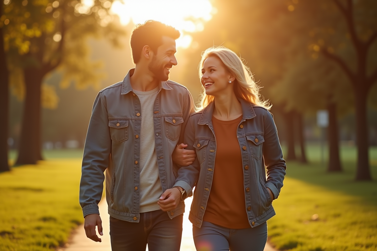 Couple marchant dans un parc en plein air au coucher de soleil