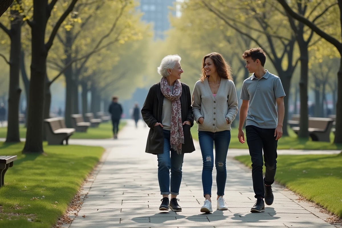 Trois personnes marchant dans un parc urbain en famille