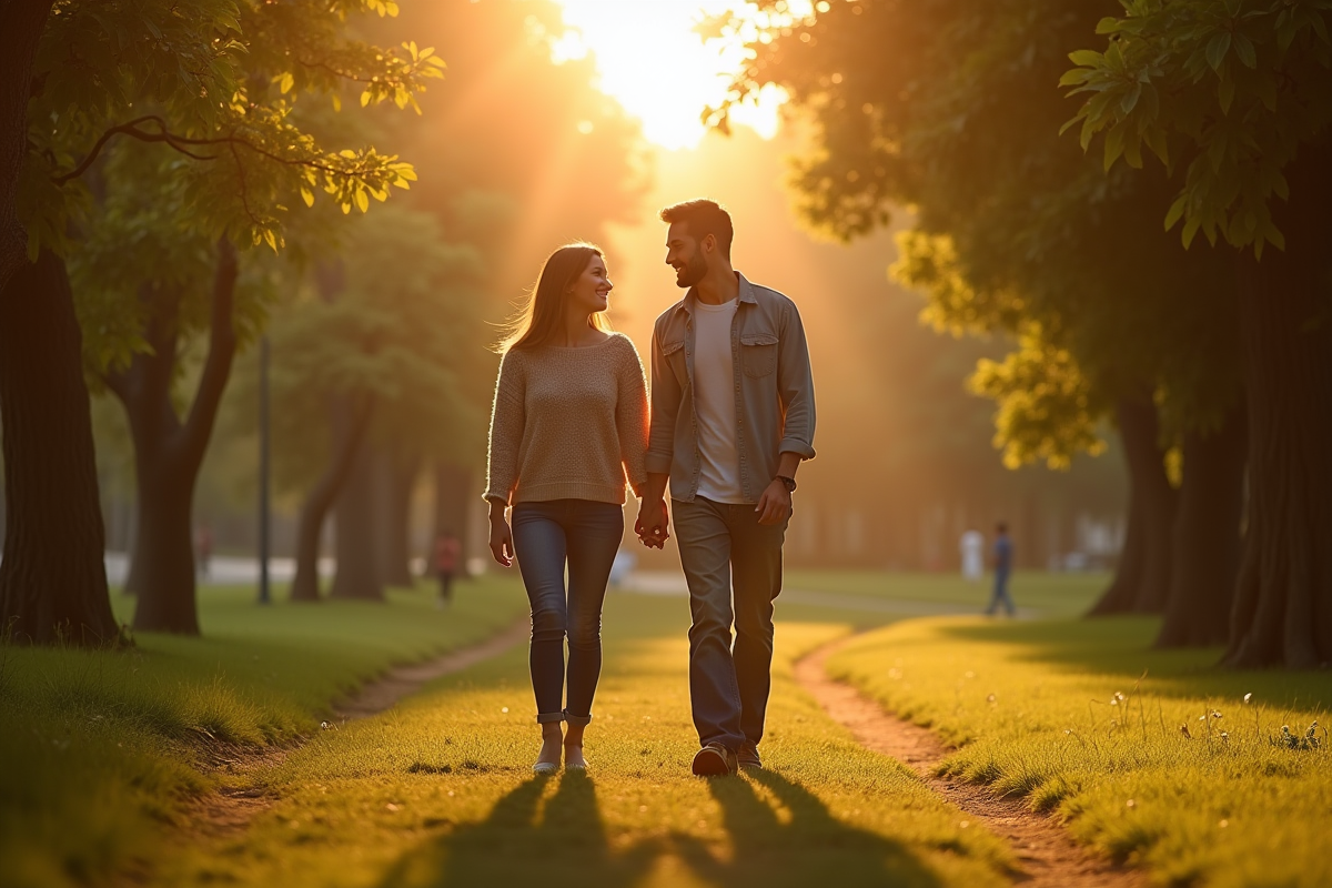 Couple marchant dans un parc au coucher du soleil en souriant