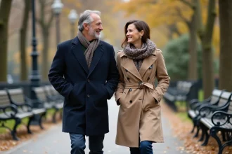 Couple français marche dans un parc parisien automnal