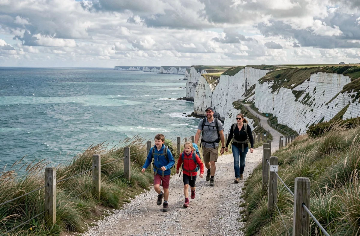 Famille en randonnée sur le GR 223 le long des falaises du littoral normand
