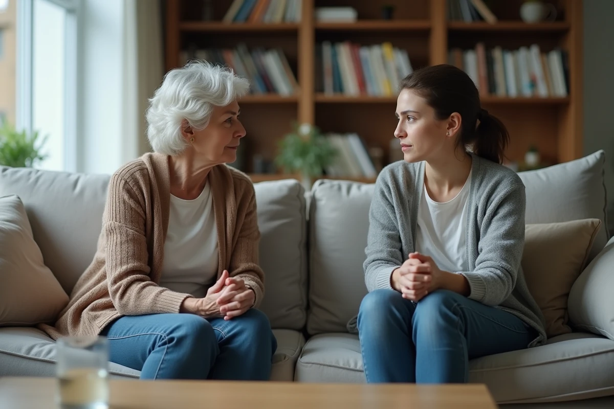 Mère et fille adulte assises côte à côte sur un canapé sans se regarder, illustrant la distance émotionnelle et la tension silencieuse entre elles