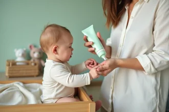 Mère appliquant un répulsif moustique naturel sur le bras de son bébé dans une chambre d'enfant apaisante