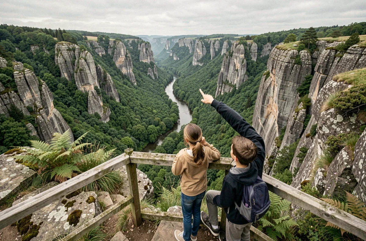 Mère et enfants contemplant le panorama de la Roche d'Oëtre à Saint-Philbert-sur-Orne