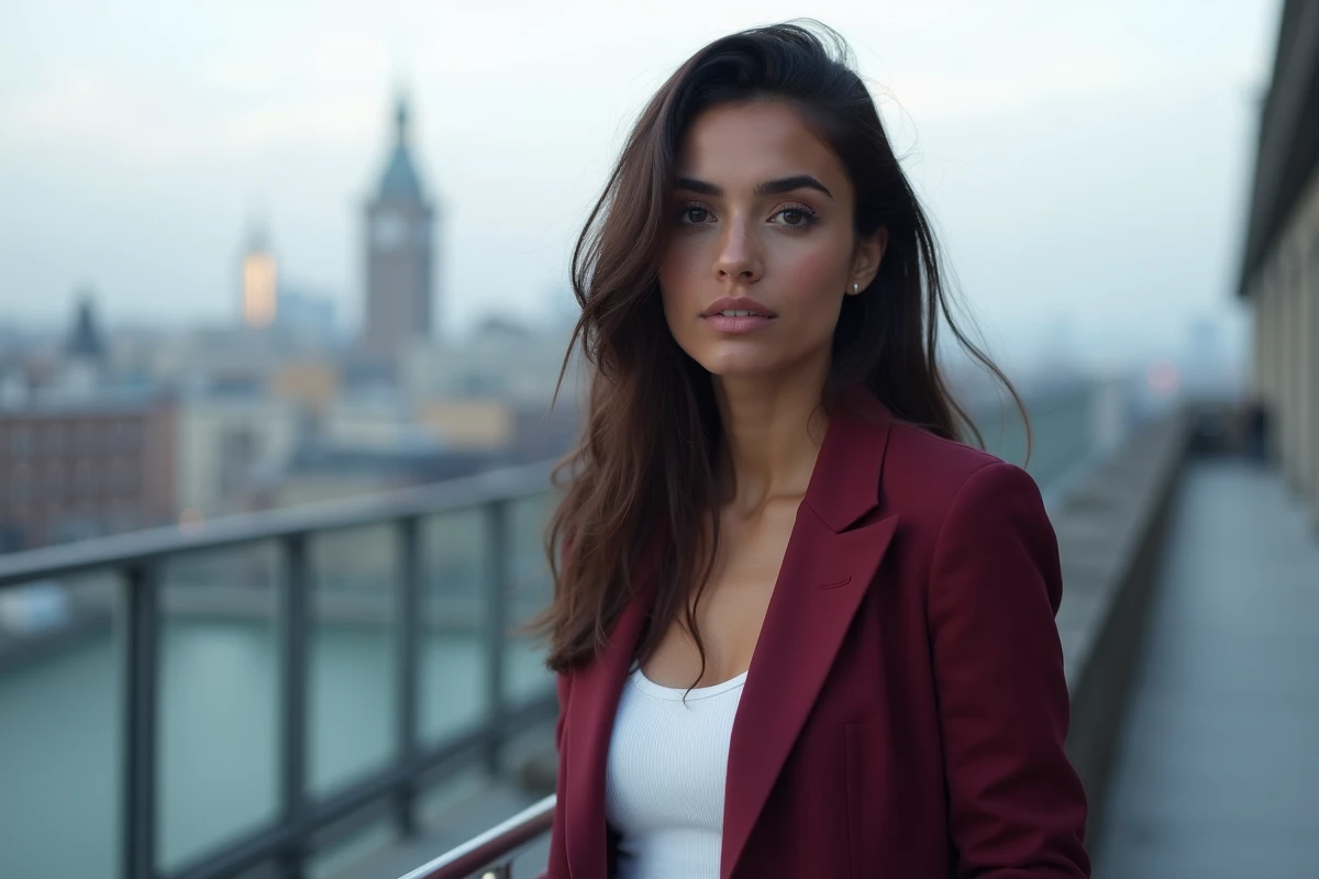 Femme confiante en blazer bordeaux sur terrasse urbaine, évoquant une personnalité publique et sa vie de couple