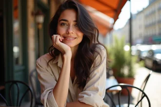 Jeune femme pensive assise en terrasse de café parisien, illustrant une situation amoureuse mystérieuse
