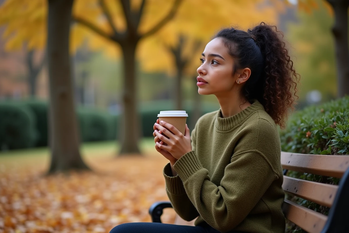 Femme songeuse dans un parc en automne tenant une boisson chaude, symbolisant la réflexion sur la vie sentimentale