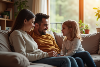 Salon chaleureux avec parents et enfant qui parle