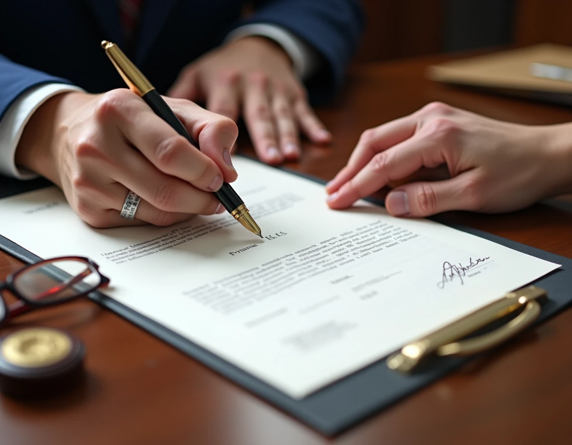 Signature d'un testament devant notaire avec stylo plume et sceau notarial pour un couple pacsé