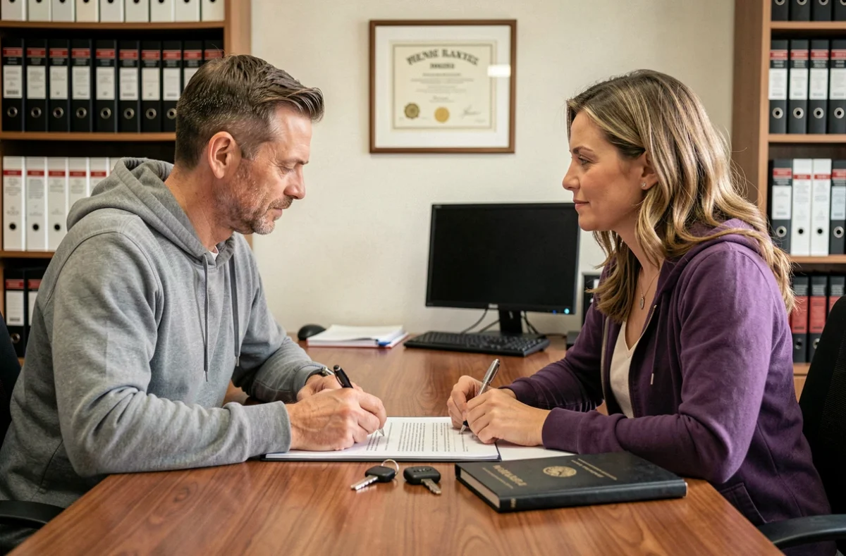 Signature des documents de vente d'un camping-car chez le notaire entre vendeur et acheteur
