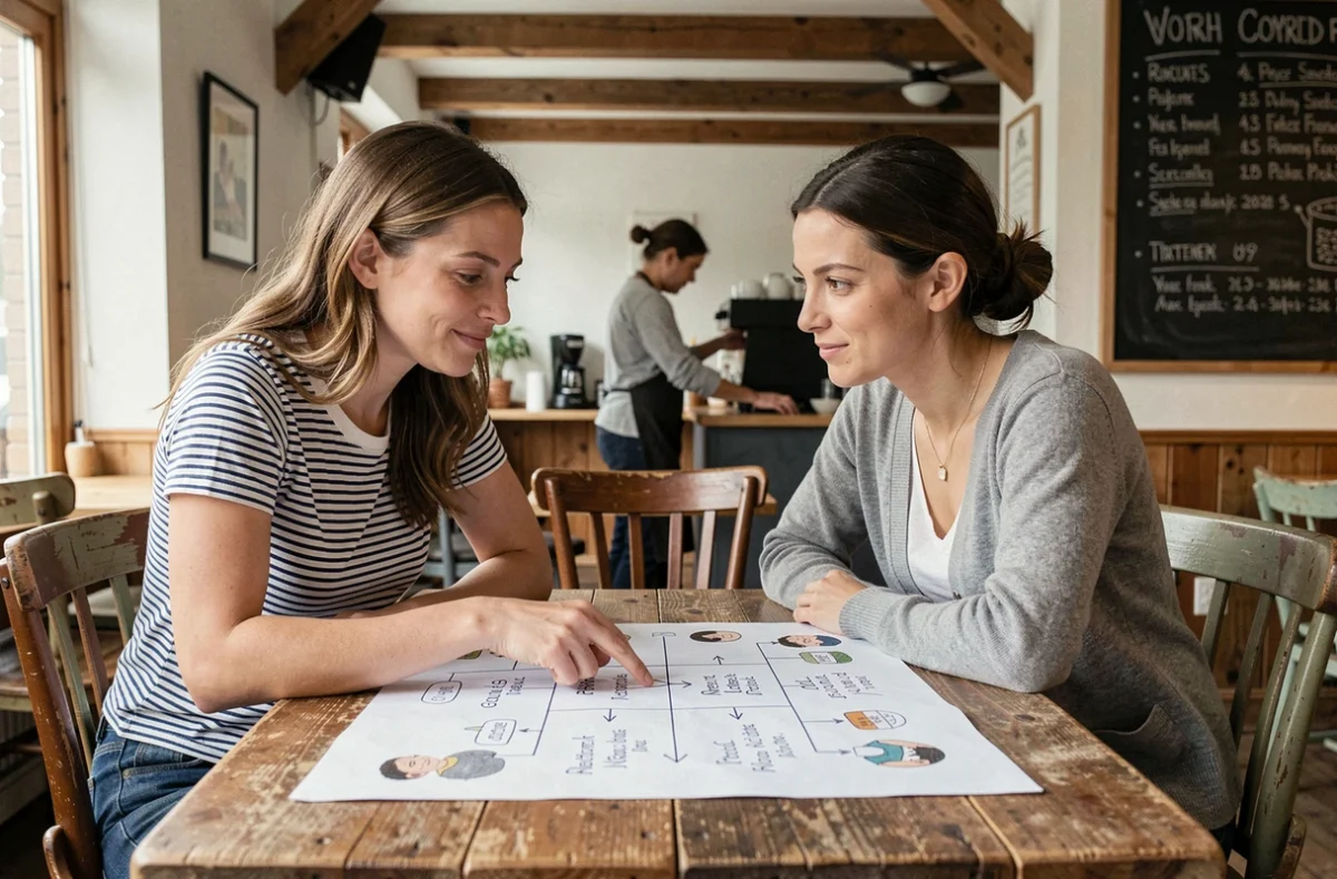 Deux femmes discutant de l'origine et de la signification du prénom Julia autour d'un tableau illustré dans un café vintage