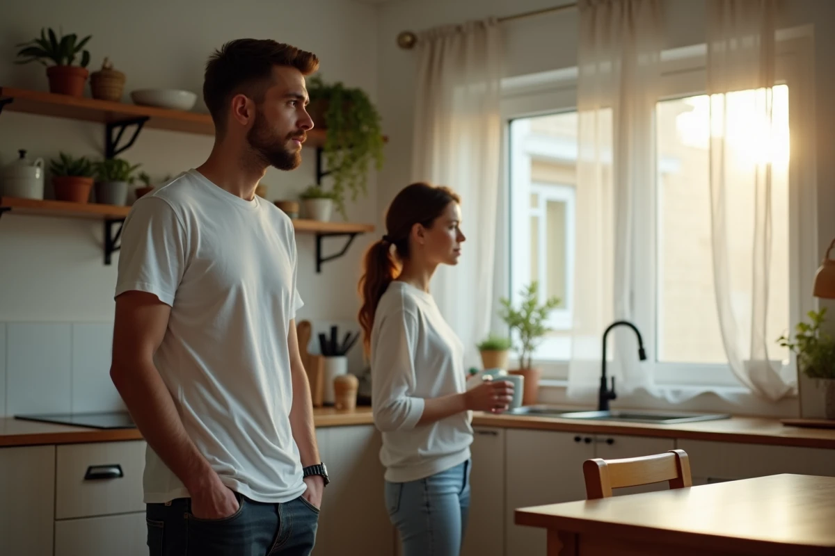 Couple en silence dans une cuisine, l'homme regardant par la fenêtre après une dispute, la femme cherchant à renouer le dialogue