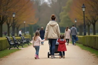 Maman poussant un landau avec une petite fille de 3-5 ans dans un jardin public parisien lors d'une sortie en famille en Île-de-France