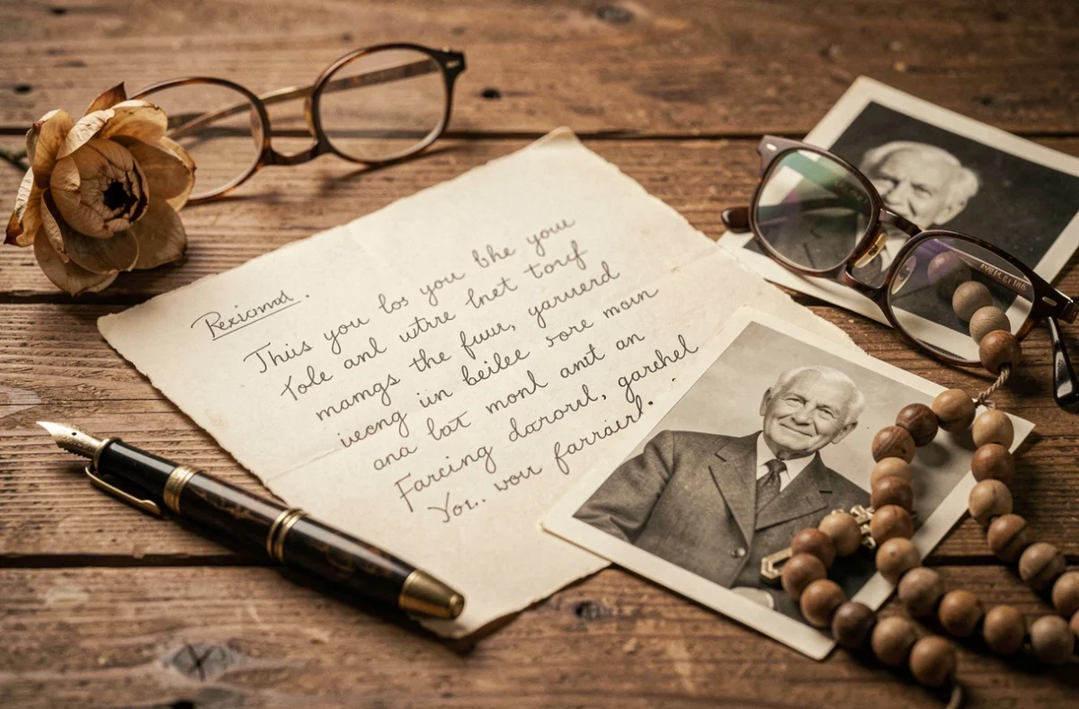 Nature morte de souvenirs d'un grand-père décédé avec lettre manuscrite, stylo plume et photo en noir et blanc, symbolisant un message d'adieu touchant
