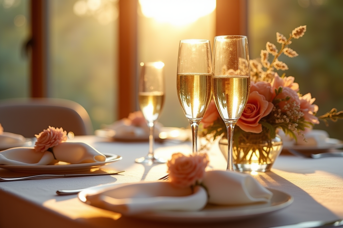 Dîner d anniversaire romantique avec verre de champagne