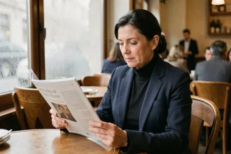 Femme élégante dans un café parisien lisant un article de magazine avec une expression réfléchie, illustrant la curiosité médiatique autour de la vie privée des célébrités